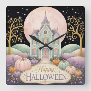 Horloge Carrée Maison hantée victorienne pastel fantaisiste Hallo
