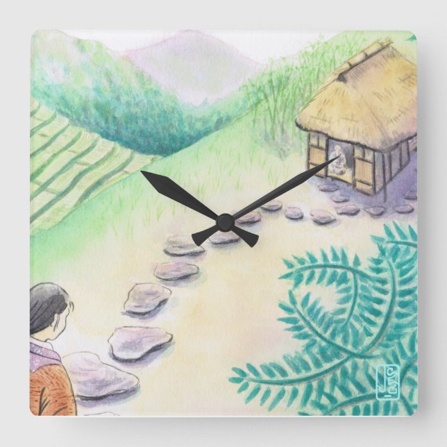 Horloge Carrée Maison japonaise Nostalgique "Furusato" (Recto)