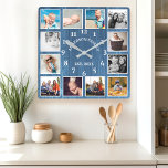 Horloge Carrée Maison rustique Bleue Grange en bois 12 Photo Coll<br><div class="desc">Maison rustique Bleue Grange en Bois 12 Photo Collage Carré Horloge murale. Grande belle grange blanche rustique bois vintage nom de famille personnalisé année déco murale horloge. La planche en bois de campagne parfaite recherchent n'importe quelle maison ou cuisine.</div>