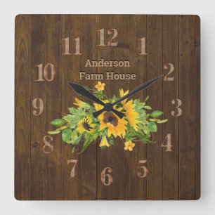 Horloge Carrée Maison rustique en bois ferme Cuisine tournesol