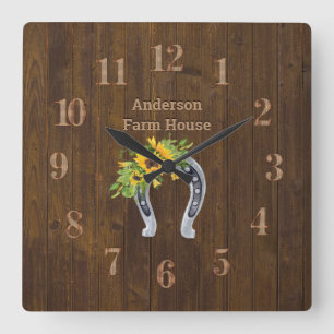 Horloge Carrée Maison rustique en bois Horseshoe Fleurs de soleil
