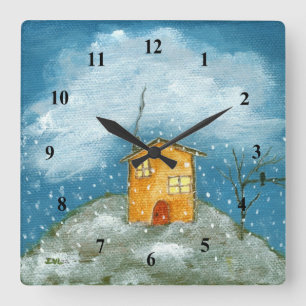 Horloge Carrée Maison Whimsical Snowstorm Tree Folk Art Peinture