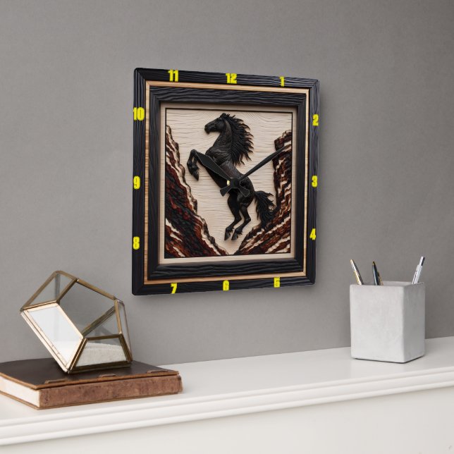 Horloge Carrée Majesté de la falaise : Mustang en bois charné (Bureau)