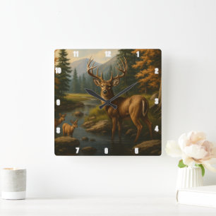 Horloge Carrée Majestic Buck By Two Fawns Forest Stream
