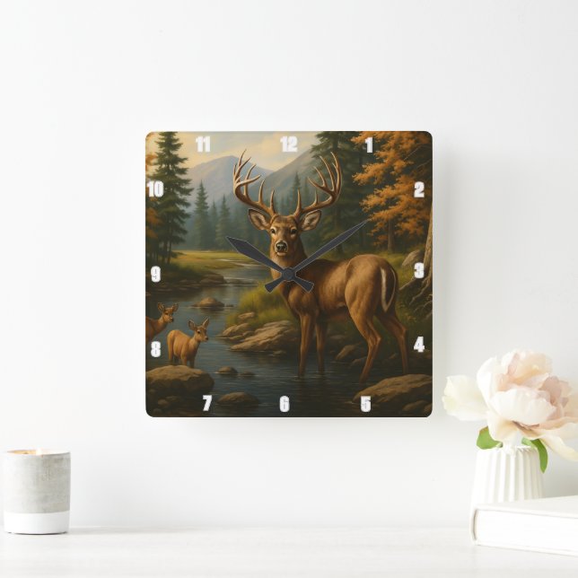 Horloge Carrée Majestic Buck By Two Fawns Forest Stream (Maison)
