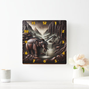Horloge Carrée Majestic Elephant Boire par Cascade sereine