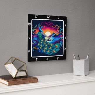 Horloge Carrée Majestic Peacock Glow