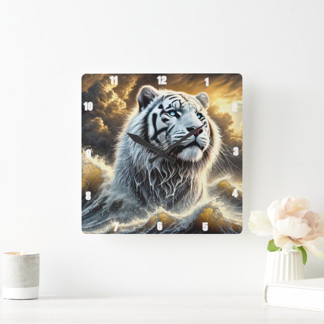Horloge Carrée Majestic White Tiger Stormy Ocean Arrière - plan (Maison)