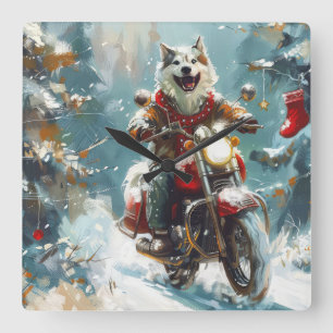 Horloge Carrée Malamute d'Alaska à moto Noël 
