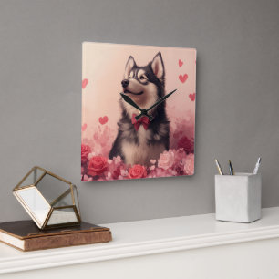 Horloge Carrée Malamute d'Alaska avec Rose - Saint-Valentin