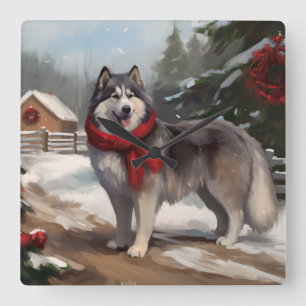 Horloge Carrée Malamute d'Alaska dans la neige de Noël