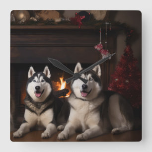 Horloge Carrée Malamute en Alaska près de la cheminée Noël