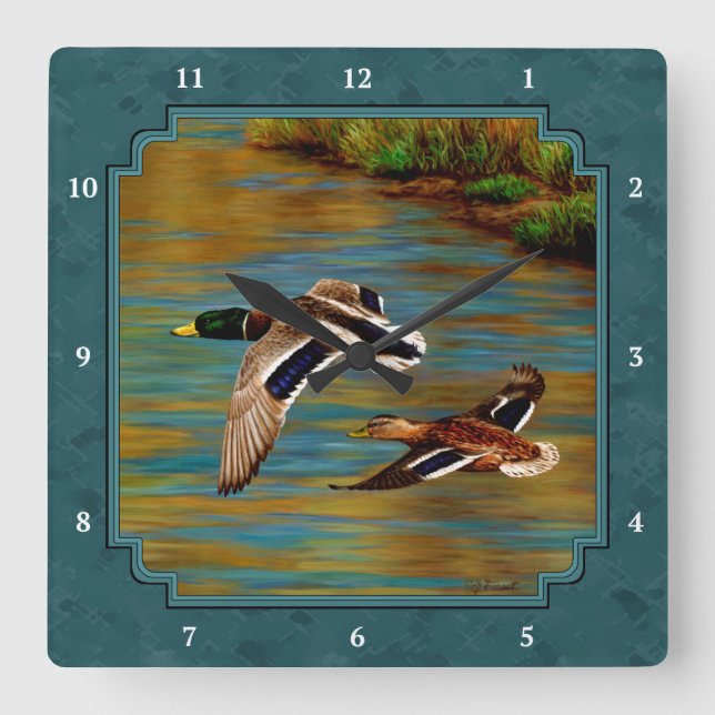 Horloge Carrée Mallard Canards en vol Turquoise (Recto)