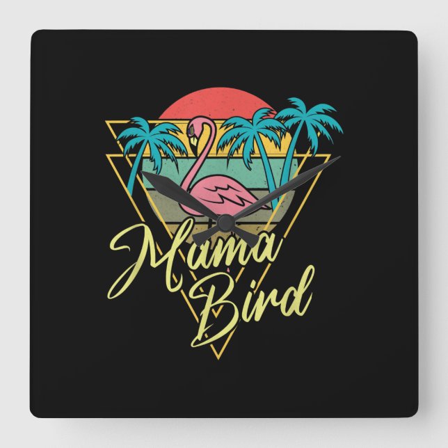 Horloge Carrée Mama Bird Flamant rose Sunset Palm Tree Beach anné (Recto)