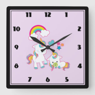 Horloge Carrée Mama mignonne et bébé licorne Illustration magique