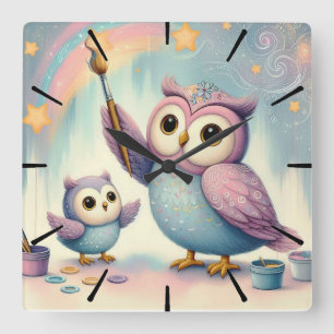 Horloge Carrée Maman Chouette & Bébé