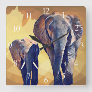Horloge Carrée Maman et bébé Eléphant dans l'oreiller automne