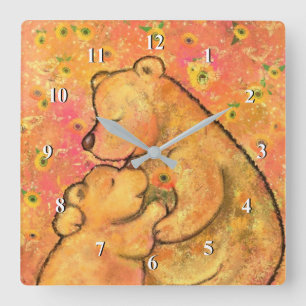 Horloge Carrée Maman et bébé ours - Fête des mères - Ajouter le t