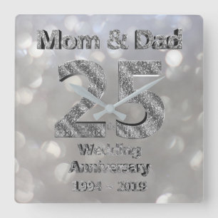 Horloge Carrée Maman et Papa 25ème anniversaire de mariage Argent