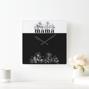 Horloge Carrée Maman Fleur Sauvage Noir & Blanc Minimaliste