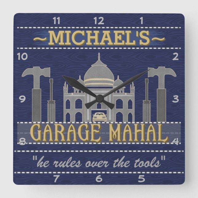 Horloge Carrée Man Cave Funny Garage Mahal Tools | Nom personnali (Recto)