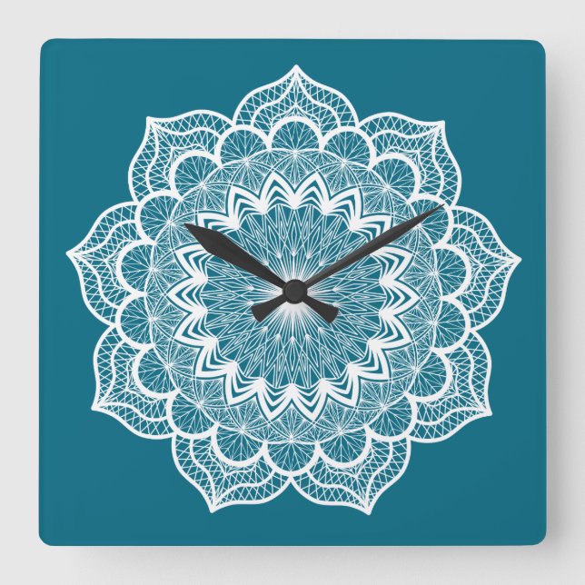 Horloge Carrée Mandala blanc sur fond bleu (Recto)