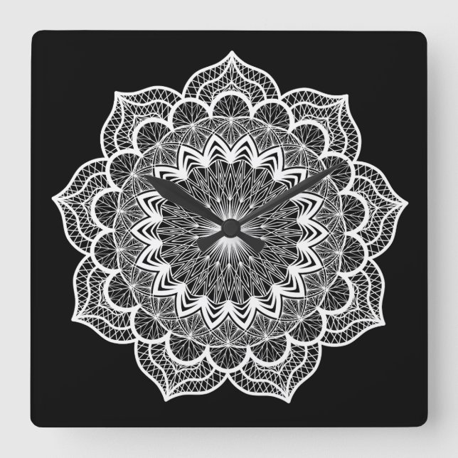 Horloge Carrée Mandala blanc sur fond noir (Recto)