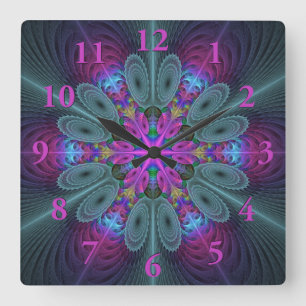 Horloge Carrée Mandala De Centre Coloré Fractage Art Avec Rose
