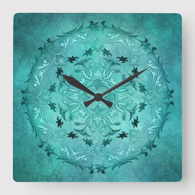 Horloge Carrée Mandala de grunge à fleurs ethniques turquoise (Recto)