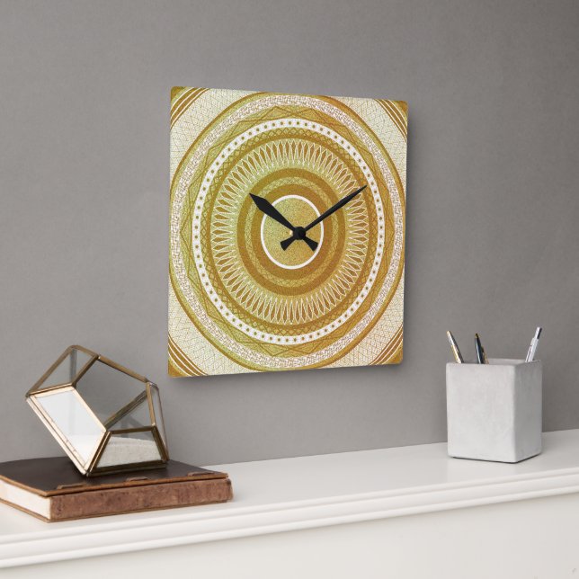 Horloge Carrée Mandala doré et pailleté (Bureau)
