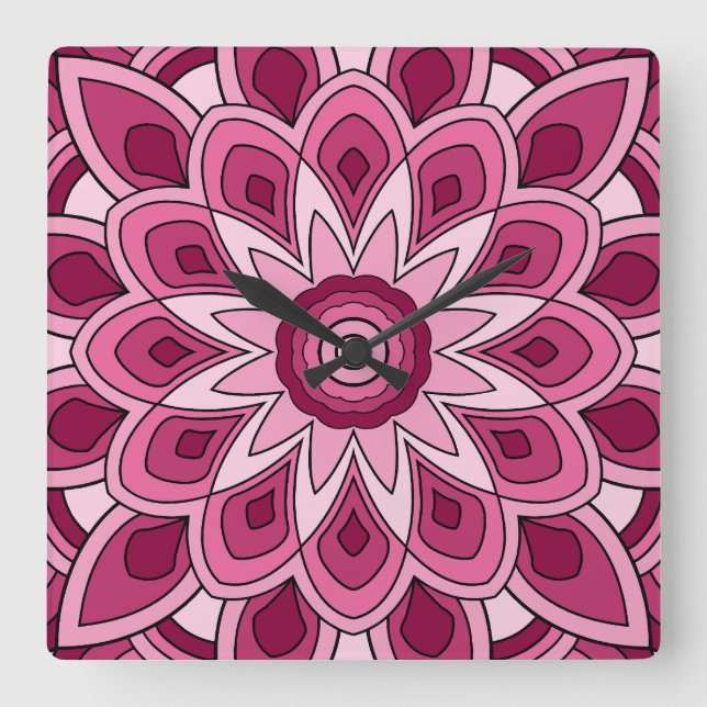 Horloge Carrée Mandala en rose (Recto)
