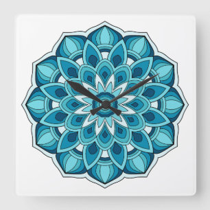 Horloge Carrée Mandala en vert cyan