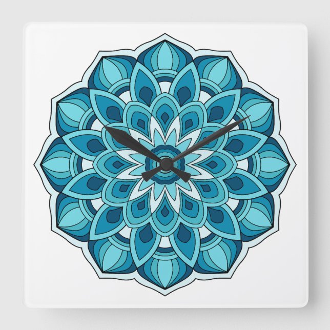 Horloge Carrée Mandala en vert cyan (Recto)