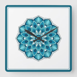 Horloge Carrée Mandala en vert sarcelle