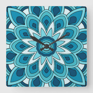 Horloge Carrée Mandala en vert turquoise