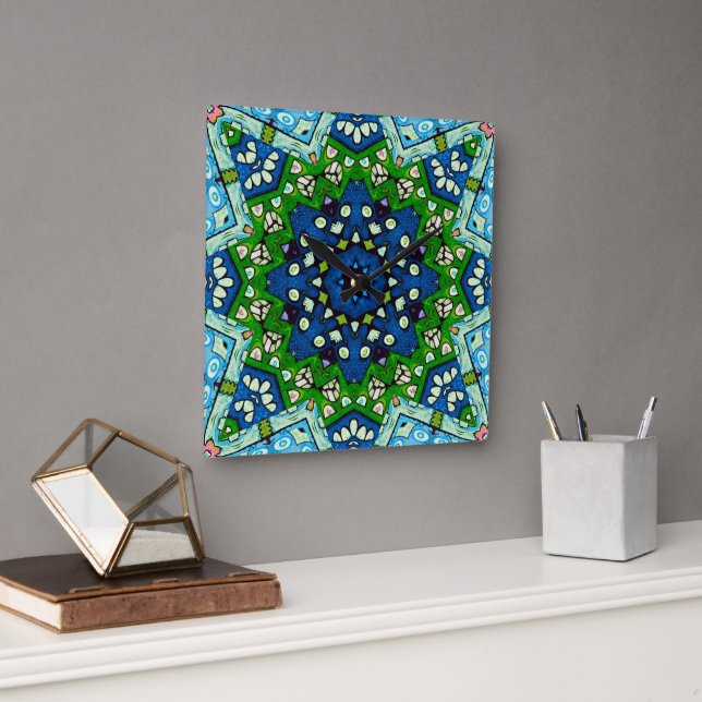Horloge Carrée Mandala Retro Mosaic Vert Motif bleu (Bureau)