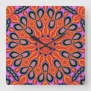 Horloge Carrée Mandala Retro Orange Hipster Decor