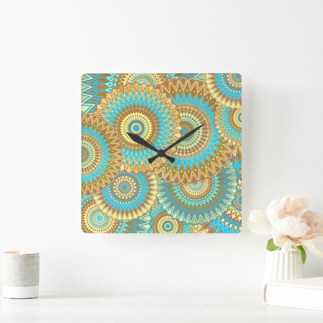 Horloge Carrée Mandala superposé bleu marron or (Maison)