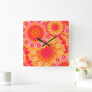Horloge Carrée Mandala superposé orange rose jaune