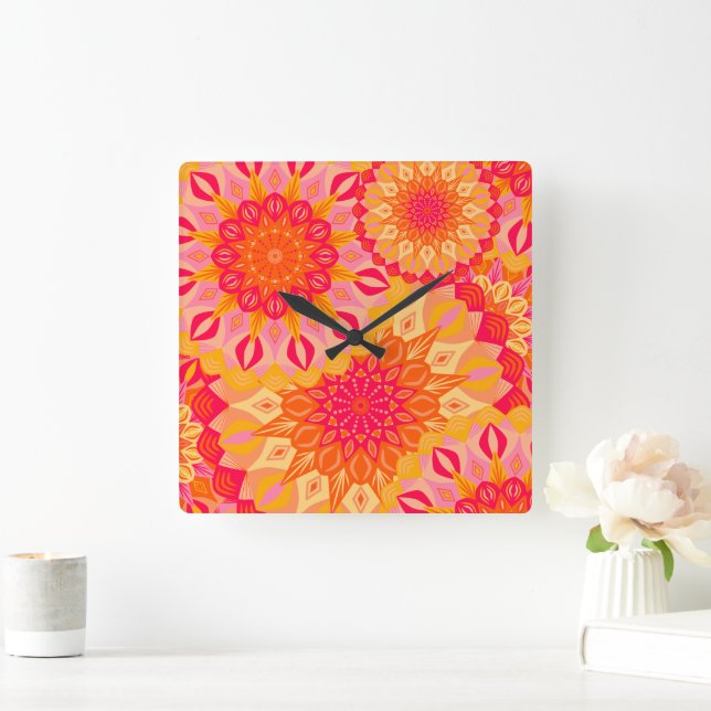 Horloge Carrée Mandala superposé orange rose jaune (Maison)