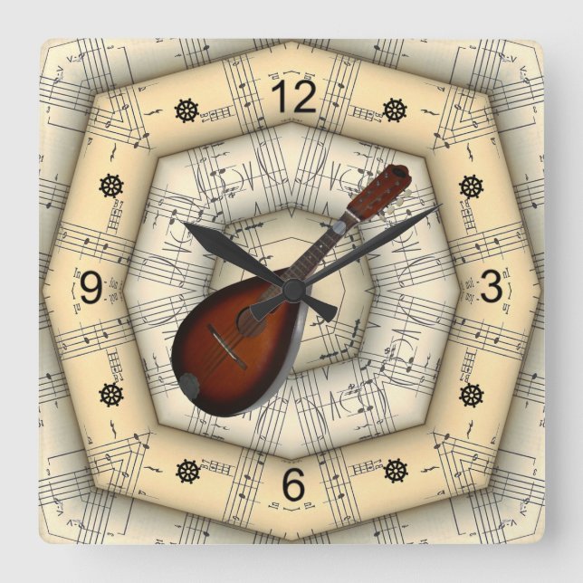 Horloge Carrée Mandolin ~ Dessin musical étrange ~ Unique ~ (Recto)