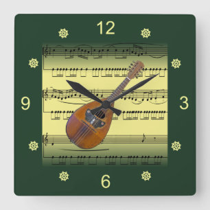 Horloge Carrée Mandolin~Partition roulée~Arrière - plan or/vert~