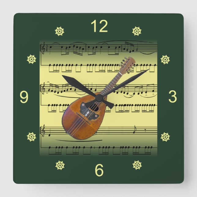 Horloge Carrée Mandolin~Partition roulée~Arrière - plan or/vert~ (Recto)