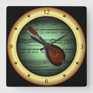 Horloge Carrée Mandolin ~ Sheet Music ~ Arrière - plan vert/or ~