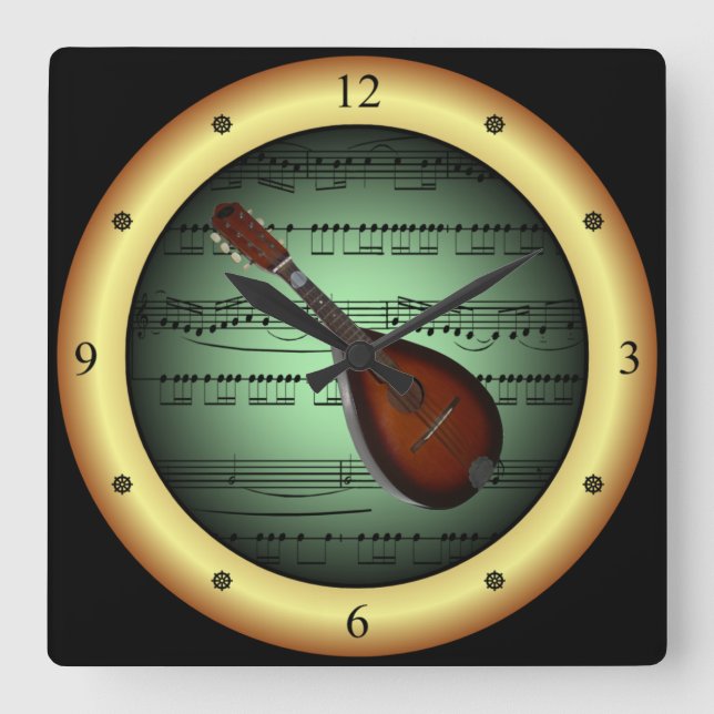 Horloge Carrée Mandolin ~ Sheet Music ~ Arrière - plan vert/or ~ (Recto)
