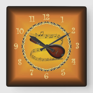 Horloge Carrée Mandoline 01 sur Parchemin Musical et Orange Rouil