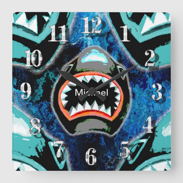Horloge Carrée Manie de requin illustration de dessin animé drôle (Recto)