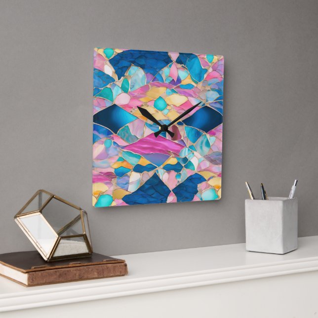 Horloge Carrée "Manilva" Sable rose Bleu Vagues fracturées (Bureau)