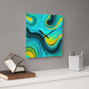 Horloge Carrée "Marbella" Blue Yellow Swirls Waves
