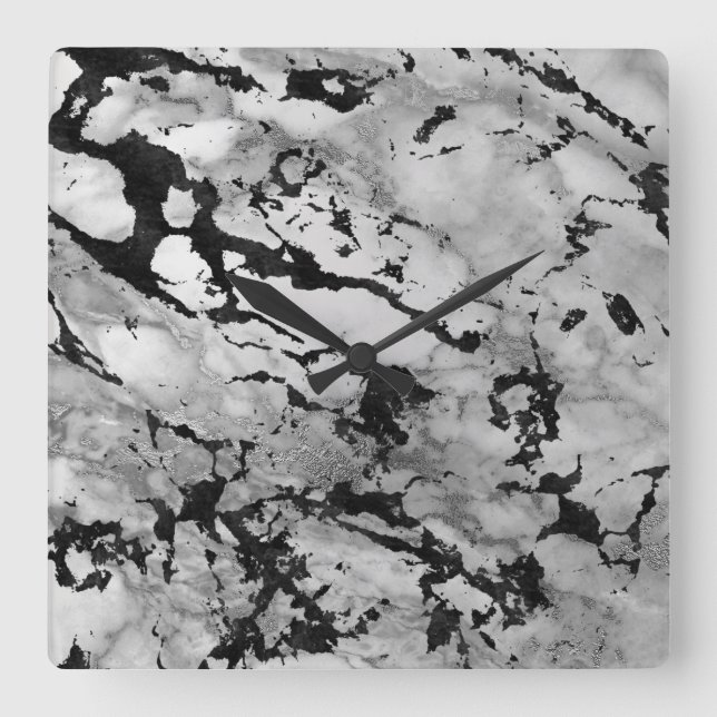 Horloge Carrée Marble White Gray Silver Black Carrara (Recto)